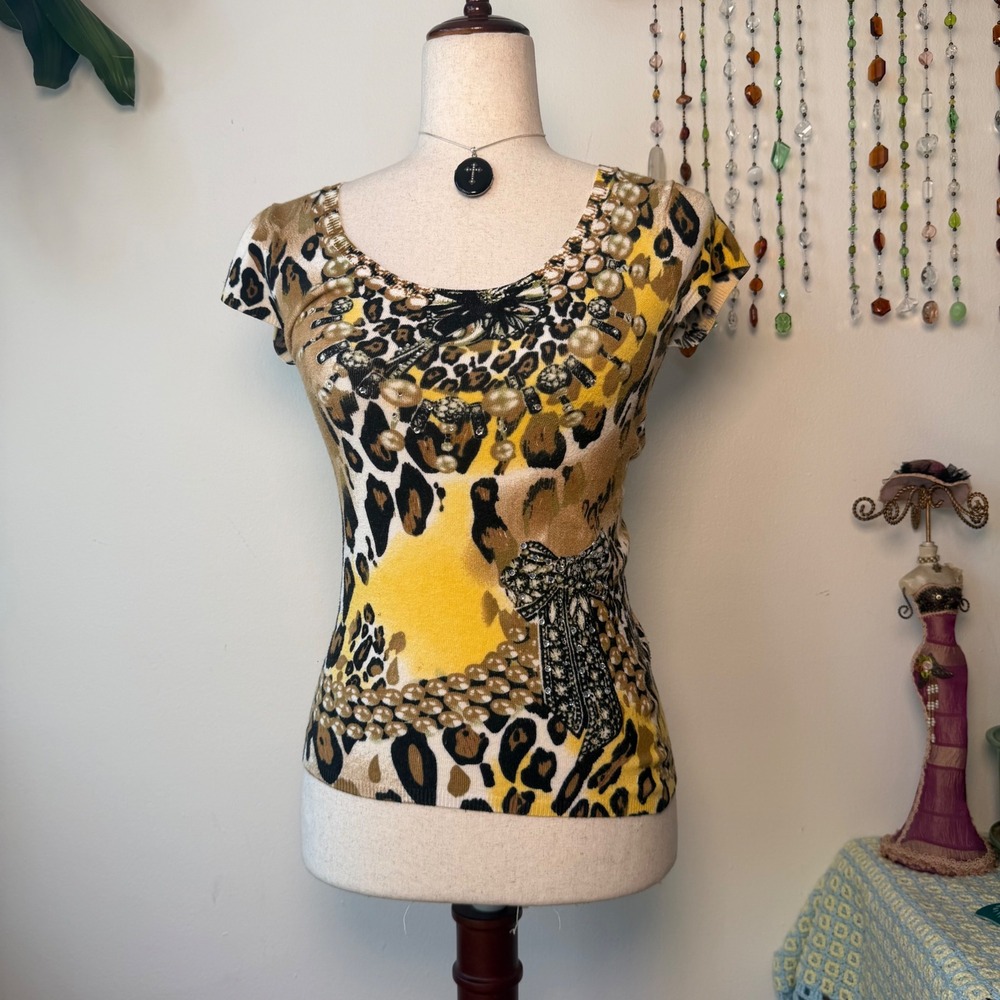 Cache Y2K Animal Print Beaded Sequin Knit Top Yellow XS Gabrielle Solis Tuscan